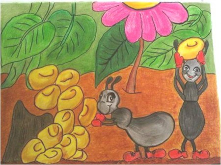 Ilistración de Cuento realizado con creyones, acuarela y tinta china EL GRANO DE MAIZ
